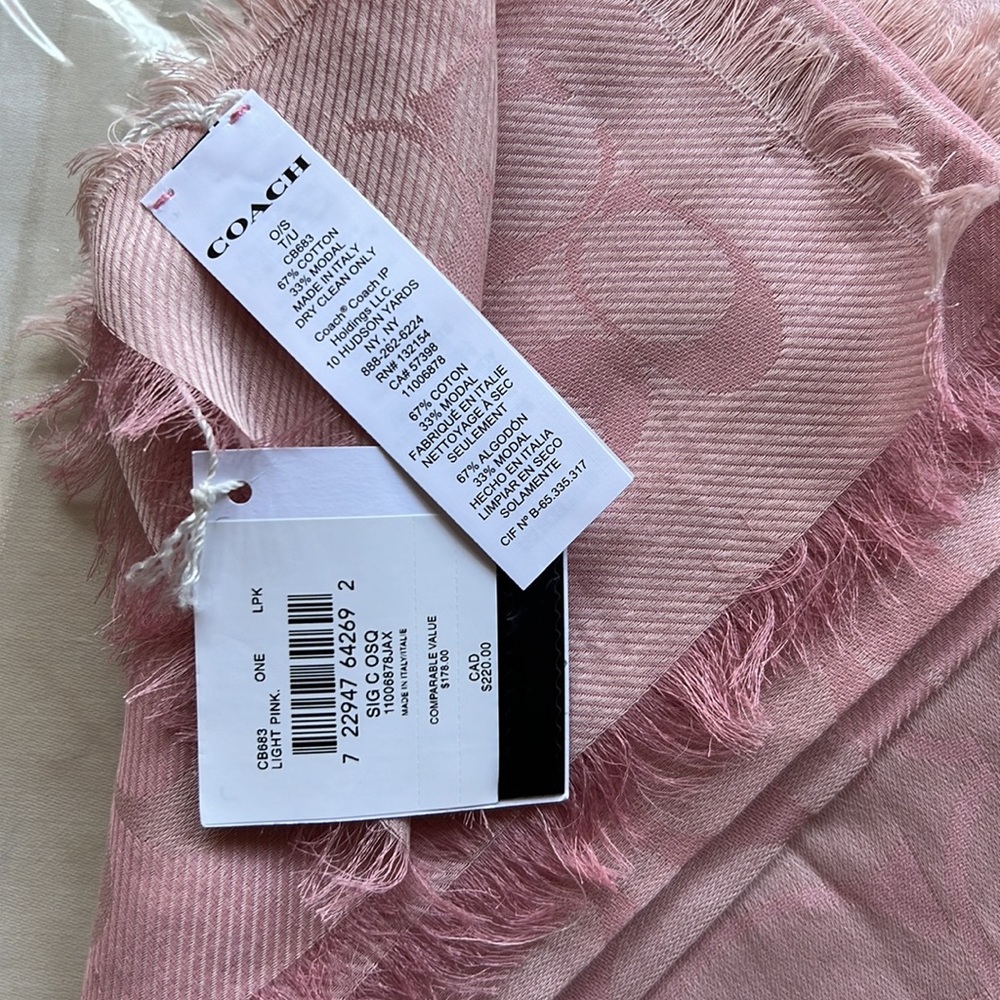 NWT $178 Coach signature scarf. 44 by 44 inches. Pink. - Picture 4 of 6